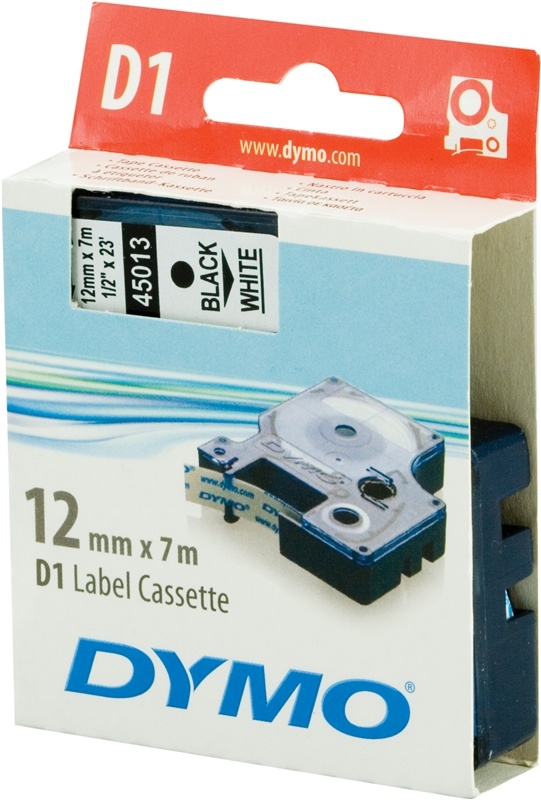 DYMO D1 merkkausteippi, 12mm,valkoinen/musta teksti, 7m