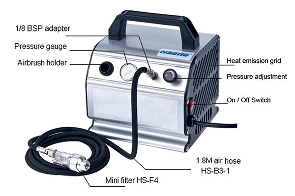 Airbrush-kompressor med luftslang och minifilter