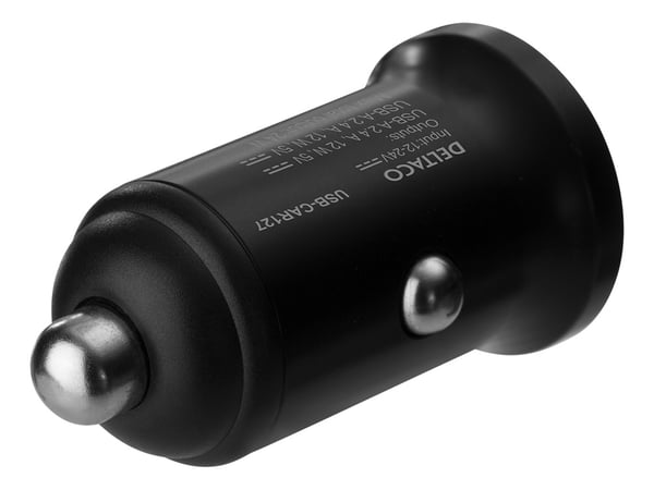 DELTACO 12/24 V USB-billader med doble USB-A-porter, 24 W, svart