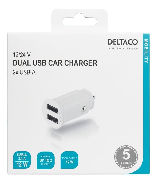 DELTACO 12/24 V USB-billader, doble USB-A-porter, 2,4 A, 12 W, hvit
