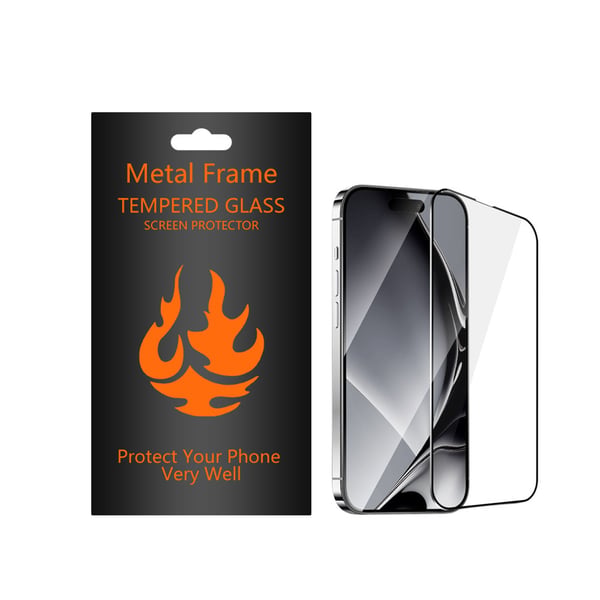 Skjermbeskytter i herdet glass med metallramme, iPhone 16 Pro Max