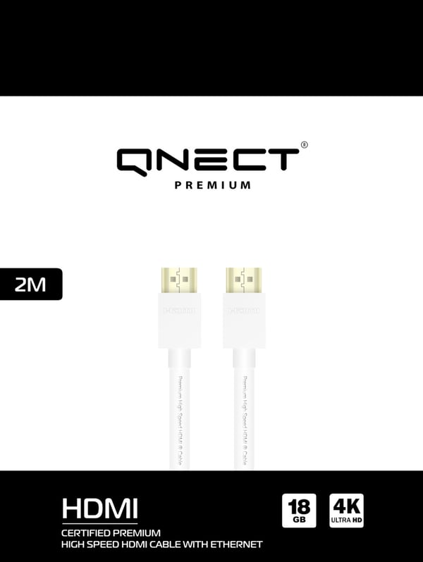 QNECT Premium høyhastighets HDMI m/Ethernet 4K UHD 18 GB, 2 m, Vit