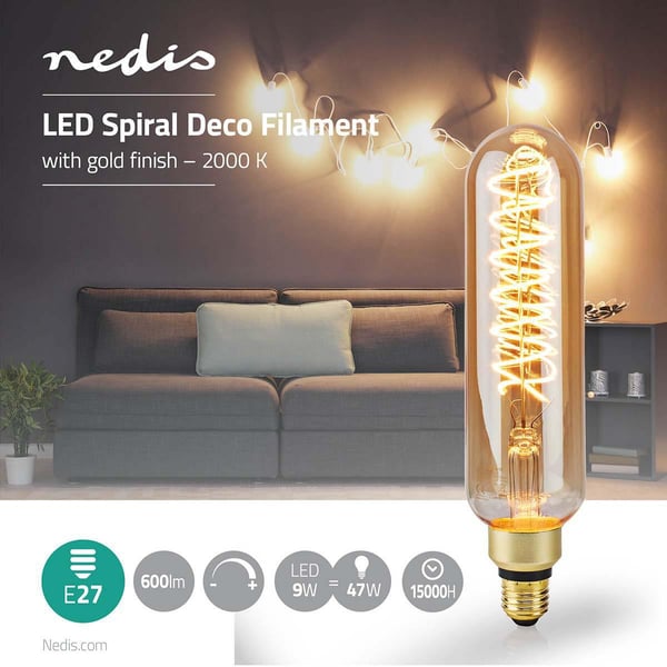 Nedis LED lyspære E27 | T65 | 8.5 W | 600 lm | 2000 K | Dimbar | Med gullfinish | Retro Style | 1 stk