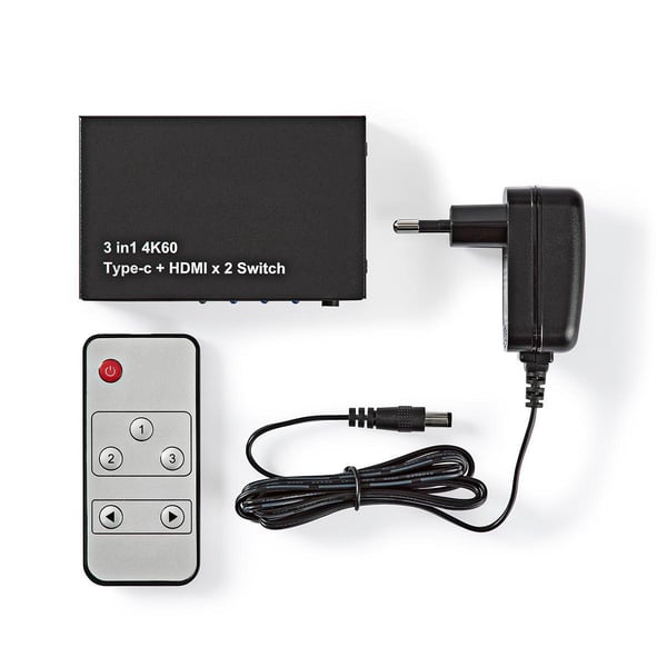 Nedis HDMI ™ Switch | 3-Port port(s) | 1x USB-C™ / 2x HDMI™ Input | 1x HDMI™ Output | 4K@60Hz | 18.0 Gbps | Metall | Antrasitt