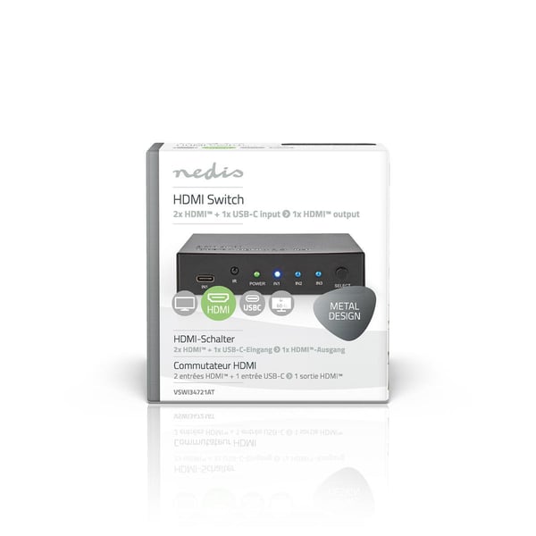 Nedis HDMI ™ Switch | 3-Port port(s) | 1x USB-C™ / 2x HDMI™ Input | 1x HDMI™ Output | 4K@60Hz | 18.0 Gbps | Metall | Antrasitt