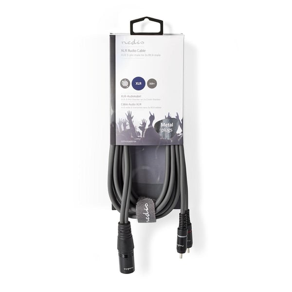 Nedis Balansert lydkabel | XLR 3-Pin Han | 2x RCA Han | Nikkel belagt | 3.00 m | Rund | PVC | Mørk Grå | Pappetui