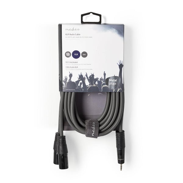 Nedis Balansert lydkabel | 2x XLR 3-Pin Han | 3.5 mm Han | Nikkel belagt | 3.00 m | Rund | PVC | Mørk Grå | Pappetui