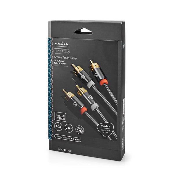 Nedis Stereo lydkabel | 2x RCA Han | 2x RCA Han | Gull belagt | 2.00 m | Rund | Grå / Gun Metal Grå | Deksel Vindusboks