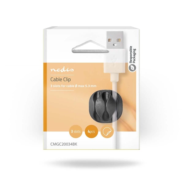 Nedis Kabel Ledelse | Kabelklips | Klikk og Go | 4 stk. | Antall plasser: 3 Spor | Maksimal kabeltykkelse: 5.3 mm | TPE | Sort