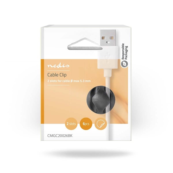 Nedis Kabel Ledelse | Kabelklips | Klikk og Go | 6 stk. | Antall plasser: 2 Spor | Maksimal kabeltykkelse: 5.3 mm | TPE | Sort
