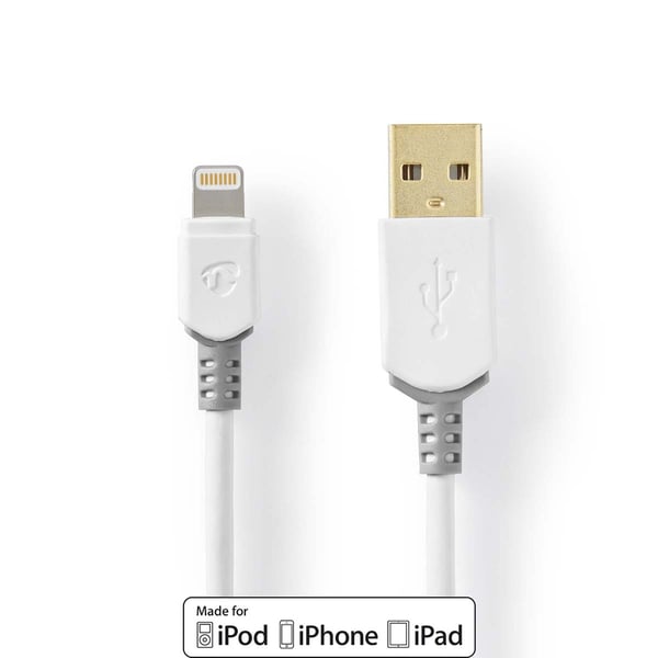 Nedis Lightning Kabel | USB 2.0 | Apple Lightning 8-Pinners | USB-A Han | 480 Mbps | Gull belagt | 3.00 m | Rund | PVC | Grå / Hvit | Boks