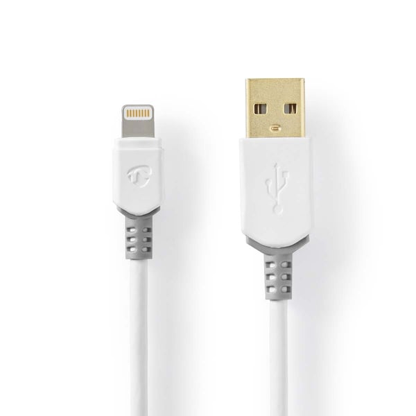 Nedis Lightning Kabel | USB 2.0 | Apple Lightning 8-Pinners | USB-A Han | 480 Mbps | Gull belagt | 3.00 m | Rund | PVC | Grå / Hvit | Boks