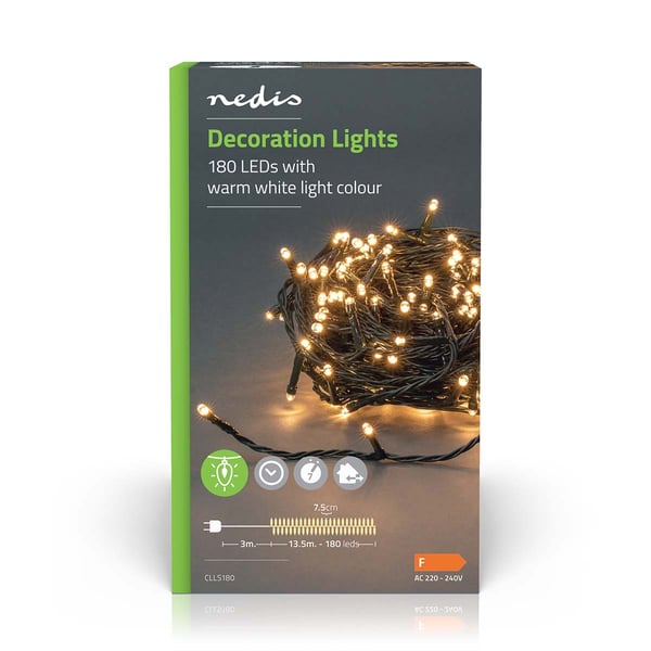 Nedis Julebelysning | Streng | 180 LED's | Varm Hvit | 13.50 m | Lyseffekter: 7 | Innendørs eller utendørs | Nettstrøm drevet