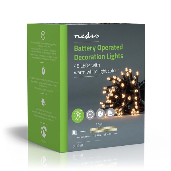 Nedis Julebelysning | Streng | 48 LED's | Varm Hvit | 3.60 m | Lyseffekter: 7 | Innendørs eller utendørs | Batteri drevet