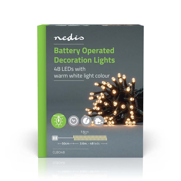 Nedis Julebelysning | Streng | 48 LED's | Varm Hvit | 3.60 m | Lyseffekter: 7 | Innendørs eller utendørs | Batteri drevet