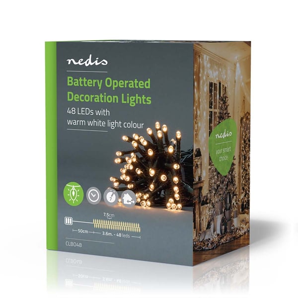 Nedis Julebelysning | Streng | 48 LED's | Varm Hvit | 3.60 m | Lyseffekter: 7 | Innendørs eller utendørs | Batteri drevet