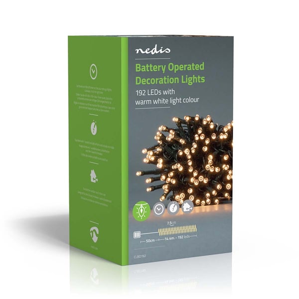 Nedis Julebelysning | Streng | 192 LED's | Varm Hvit | 14.40 m | Lyseffekter: 7 | Innendørs eller utendørs | Batteri drevet
