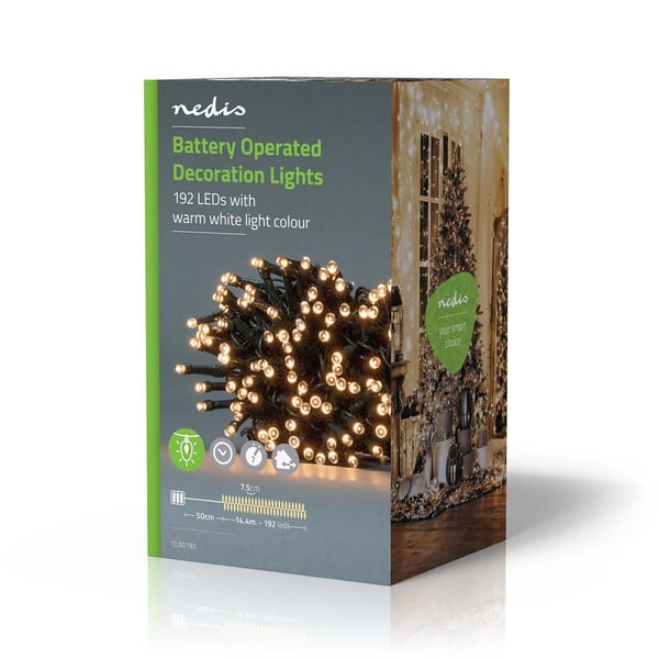 Nedis Julebelysning | Streng | 192 LED's | Varm Hvit | 14.40 m | Lyseffekter: 7 | Innendørs eller utendørs | Batteri drevet