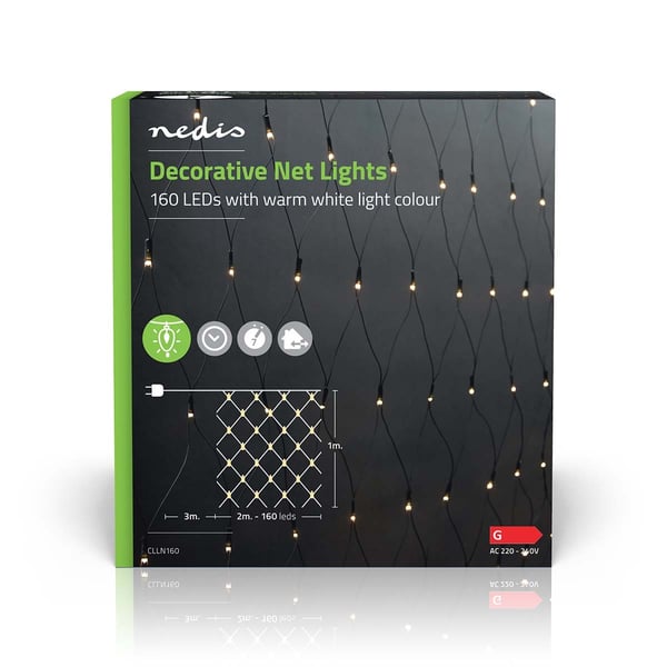 Nedis Dekorative Nettlys | Varm Hvit | 160 LED's | 2 x 1 m | Lyseffekter: 7 | Innendørs eller utendørs | Nettstrøm drevet