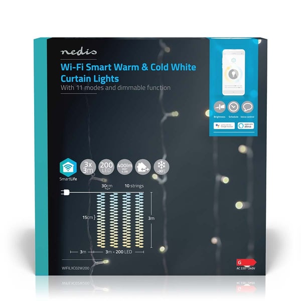 Nedis SmartLife Julelys | Gardin | Wi-Fi | Varm til avkjølt hvitt | 200 LED's | 3.00 m | Android™ / IOS