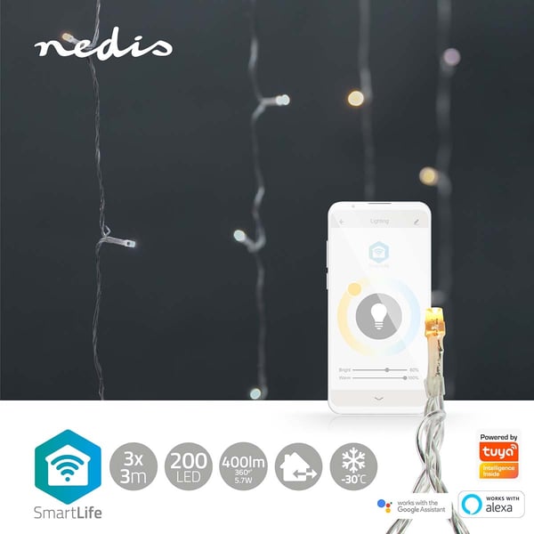 Nedis SmartLife Julelys | Gardin | Wi-Fi | Varm til avkjølt hvitt | 200 LED's | 3.00 m | Android™ / IOS