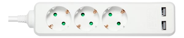 DELTACO Jordet grenuttak 2x USB-A og 3x CEE 7/3-uttak, barnesikret, 1,5 m, hvit
