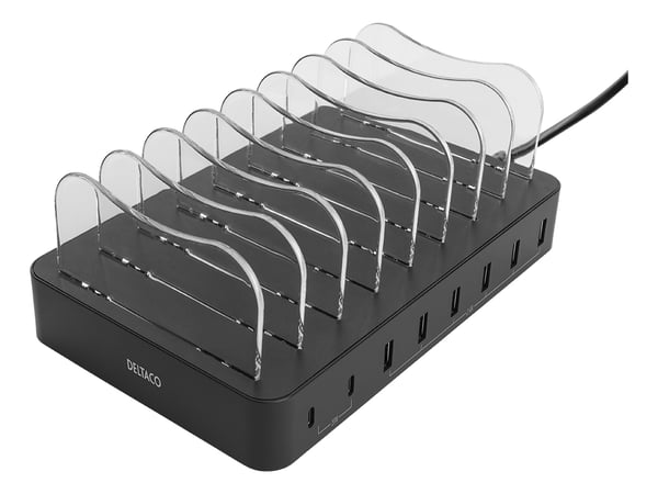 DELTACO USB-ladestasjon 6 x USB-A, 2 x USB-C PD, totalt 75 W, svart