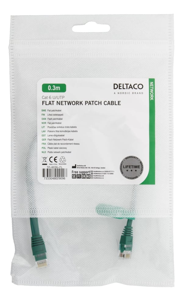 DELTACO U/UTP Cat6 laitekaapeli, litteä, 0,3m, 250MHz, vihreä
