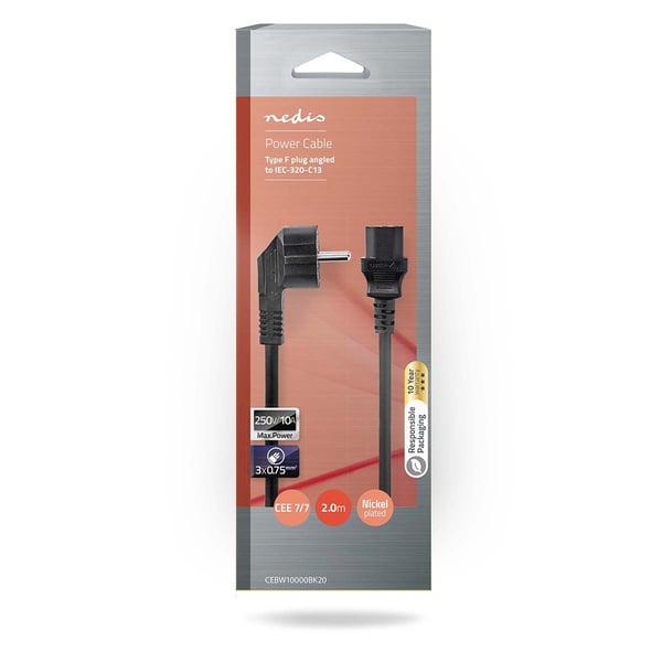 Nedis Strømkabel | Jordet kontakt han | IEC-320-C13 | Vinklet | Rett | Nikkel belagt | 2.00 m | Rund | PVC | Sort | Vindus boks