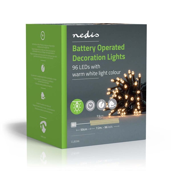 Nedis Julebelysning | Streng | 96 LED's | Varm Hvit | 7.20 m | Lyseffekter: 7 | Innendørs eller utendørs | Batteri drevet