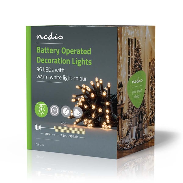 Nedis Julebelysning | Streng | 96 LED's | Varm Hvit | 7.20 m | Lyseffekter: 7 | Innendørs eller utendørs | Batteri drevet