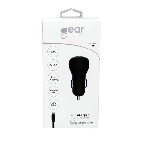 Gear Laturi 12-24V 2xUSB 2,4A Lightning 1m, Musta