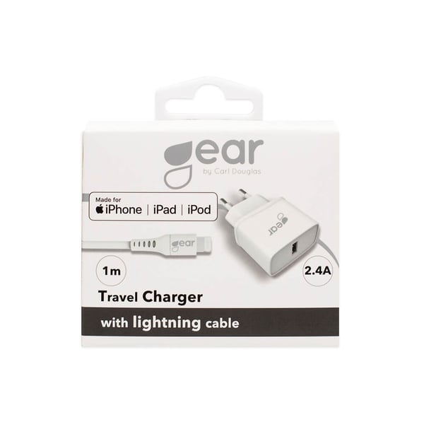 Gear Lader 220V 1xUSB-A 2,4A HvitLightning Kabel 1m MFI C89