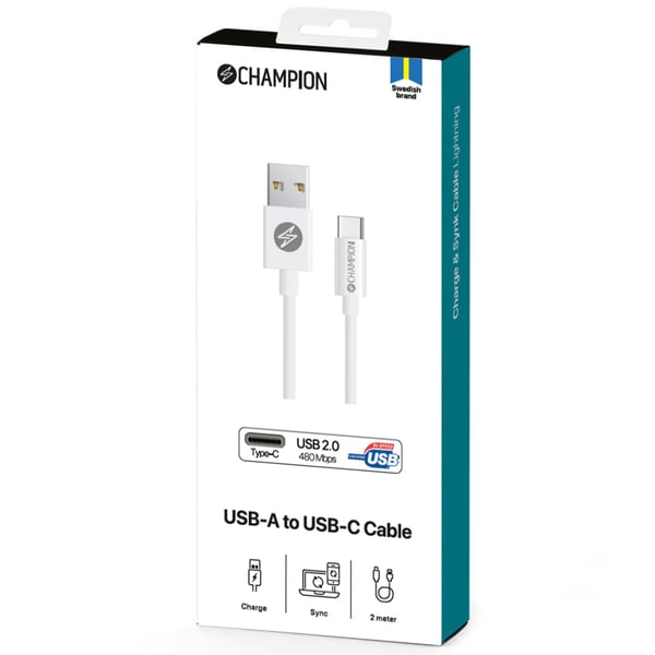 Champion USB-A til USB-C-kabel 2 m hvit