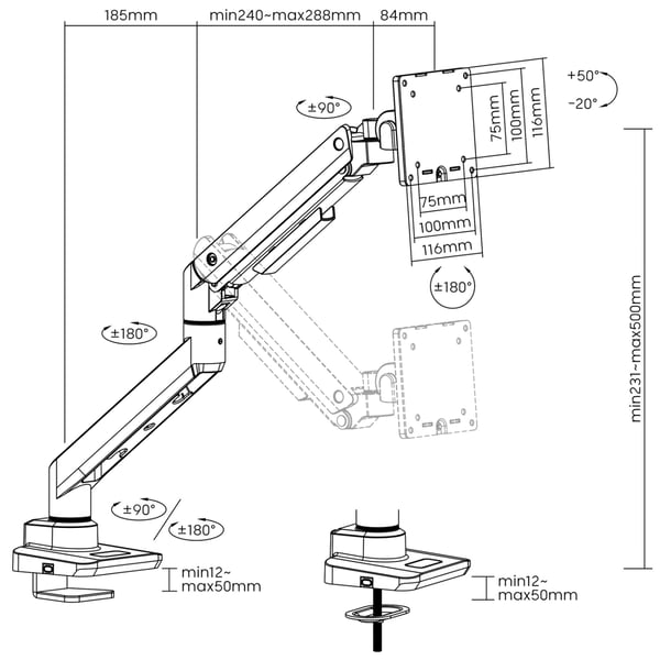 LogiLink Monitorarm 17-49" gasfjäder max 20kg