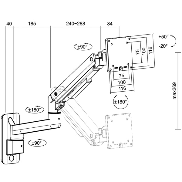 LogiLink Monitorarm med veggmontering 17-49" gassfjær 424 mm maks 20 kg