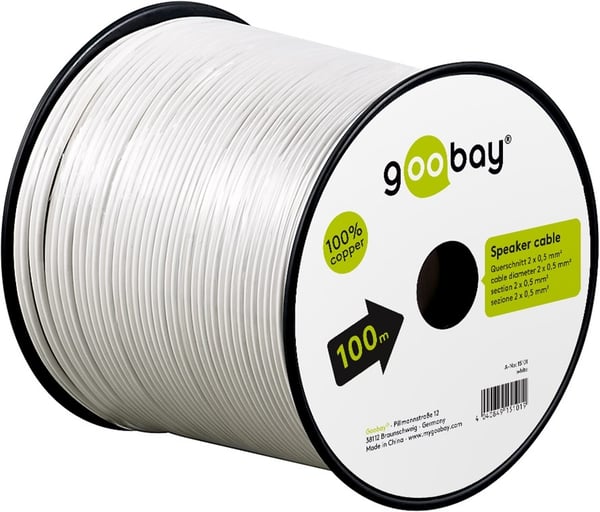 Goobay Högtalarkabel vit CU 100 m spole, tvärsnitt 2 x 0,5 mm²