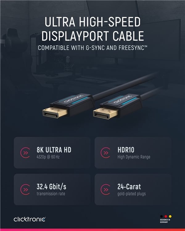 ClickTronic DisplayPort™-kabel Premium-kabel | 1x DisplayPort™-kontakt 1x DisplayPort™-kontakt 1x DisplayPort™-kontakt | 3,0 m | UHD 8K @ 60 Hz
