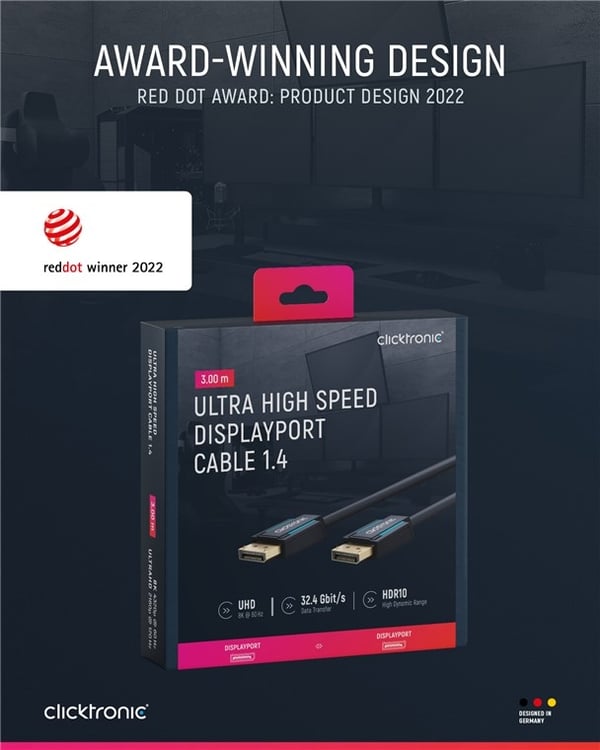 ClickTronic DisplayPort™-kabel Premium-kabel | 1x DisplayPort™-kontakt 1x DisplayPort™-kontakt 1x DisplayPort™-kontakt | 3,0 m | UHD 8K @ 60 Hz