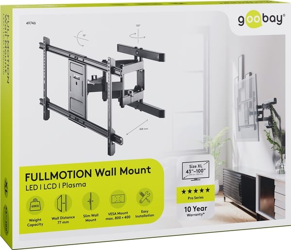 Goobay TV-veggfeste Pro FULLMOTION (XL) for TV-er fra 43 til 100 tommer (109-254 cm), fullt bevegelig (svingbart og vippbart) opp til 60 kg