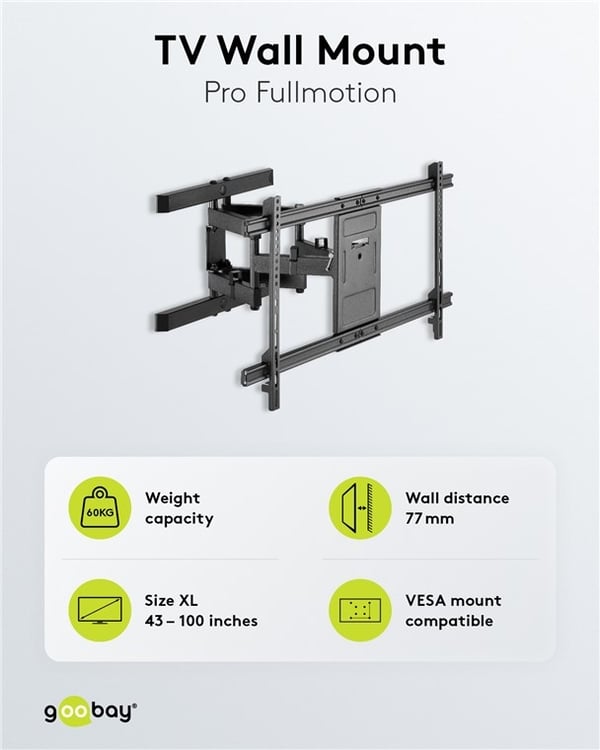 Goobay TV-veggfeste Pro FULLMOTION (XL) for TV-er fra 43 til 100 tommer (109-254 cm), fullt bevegelig (svingbart og vippbart) opp til 60 kg