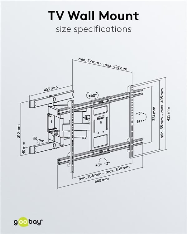 Goobay TV-veggfeste Pro FULLMOTION (XL) for TV-er fra 43 til 100 tommer (109-254 cm), fullt bevegelig (svingbart og vippbart) opp til 60 kg