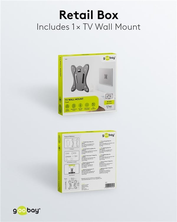Goobay TV-veggfeste Basic FIXED (størrelse S) for TV-er og skjermer mellom 23 og 42 tommer (58-107 cm) opp til 25 kg