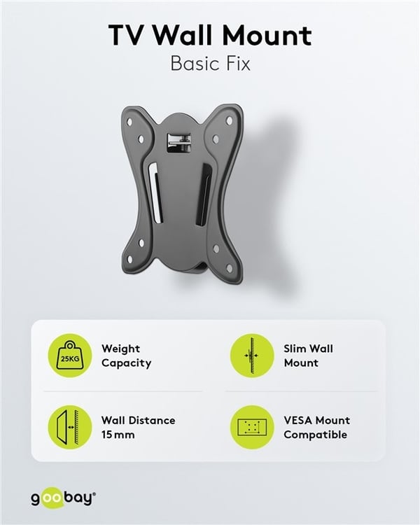 Goobay TV-veggfeste Basic FIXED (størrelse S) for TV-er og skjermer mellom 23 og 42 tommer (58-107 cm) opp til 25 kg