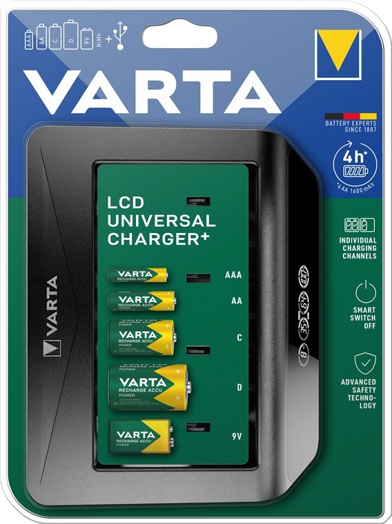 Varta LCD Universal Charger+ (type 57688) lader 1x 9V-batteri eller opptil 4x AA-, AAA-, C- eller D-batterier (NiMH) samtidig