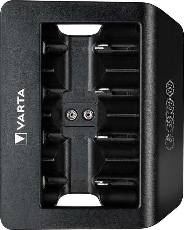 Varta LCD Universal Charger+ (type 57688) lader 1x 9V-batteri eller opptil 4x AA-, AAA-, C- eller D-batterier (NiMH) samtidig
