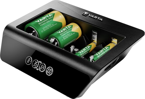 Varta LCD Universal Charger+ (type 57688) lader 1x 9V-batteri eller opptil 4x AA-, AAA-, C- eller D-batterier (NiMH) samtidig