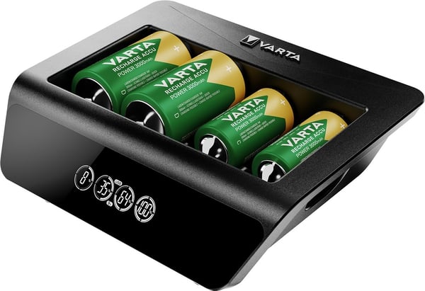 Varta LCD Universal Charger+ (type 57688) lader 1x 9V-batteri eller opptil 4x AA-, AAA-, C- eller D-batterier (NiMH) samtidig