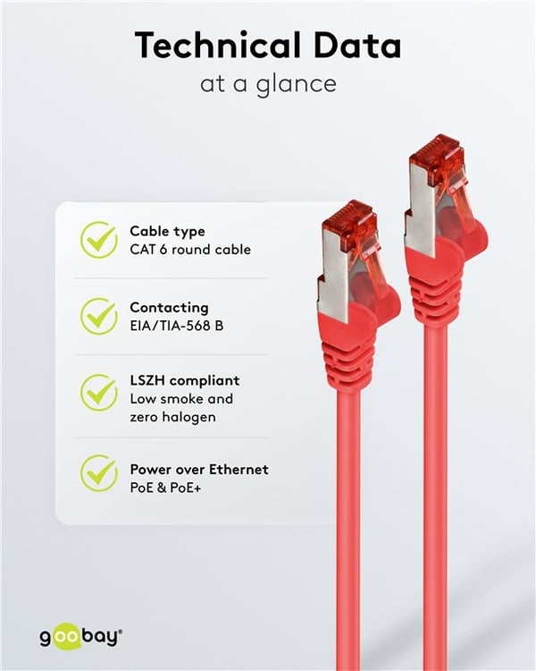 Goobay Kretskabel CAT 6, S/FTP (PiMF), rød, 2 m kobberleder (CU), halogenfri kabelmantel (LSZH)