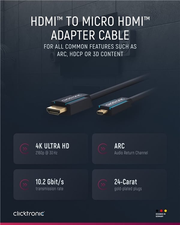 ClickTronic HDMI™ til Micro HDMI™ adapterkabel Premium-kabel | 1x HDMI™-stik  1x Micro-HDMI™-stik | 2,0 m | UHD 4K @ 30 Hz